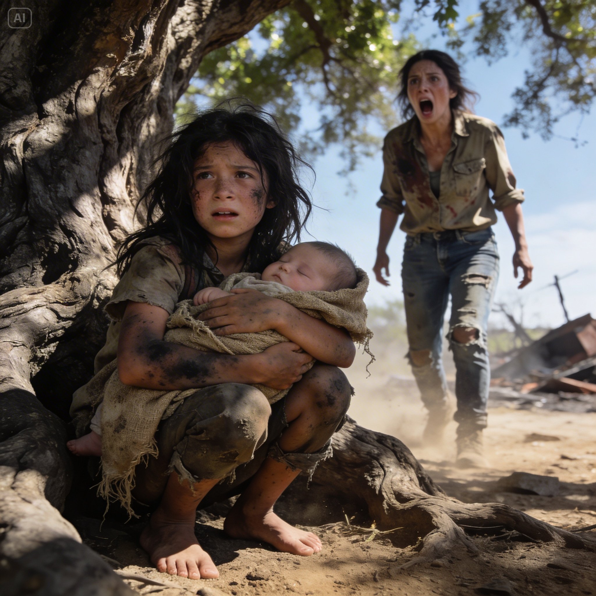 As soon as I got back from work, I saw my seven-year-old daughter carrying her little brother alone in the woods behind our house. She was injured with cuts all over her arms, exhausted and trembling, but she still refused to let him go.